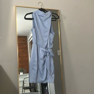 Classy satin blue dress with tie side detail and high neck